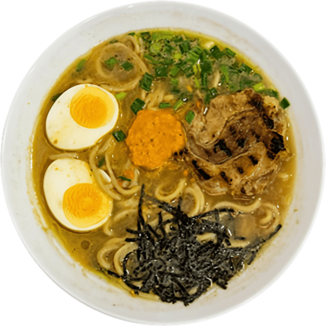 Tonkatsu Ramen - Ramen in Schweinebrühe mit gekochtem Schweinerücken, japanischen Spinatblättern und Seetangstreifen